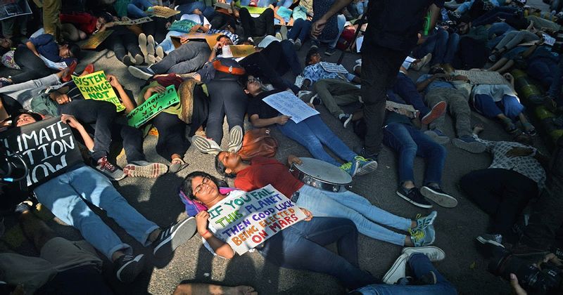 Young environmentalists participate in a climate strike to protest against government inaction on climate change, as part of global demonstrations in the “Fridays for Future” movement, in Delhi on 20 September 2019